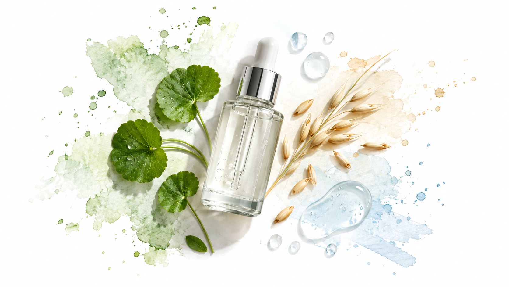 A serum dropper bottle surrounded by centella leaves and oat sprigs on a watercolor background.