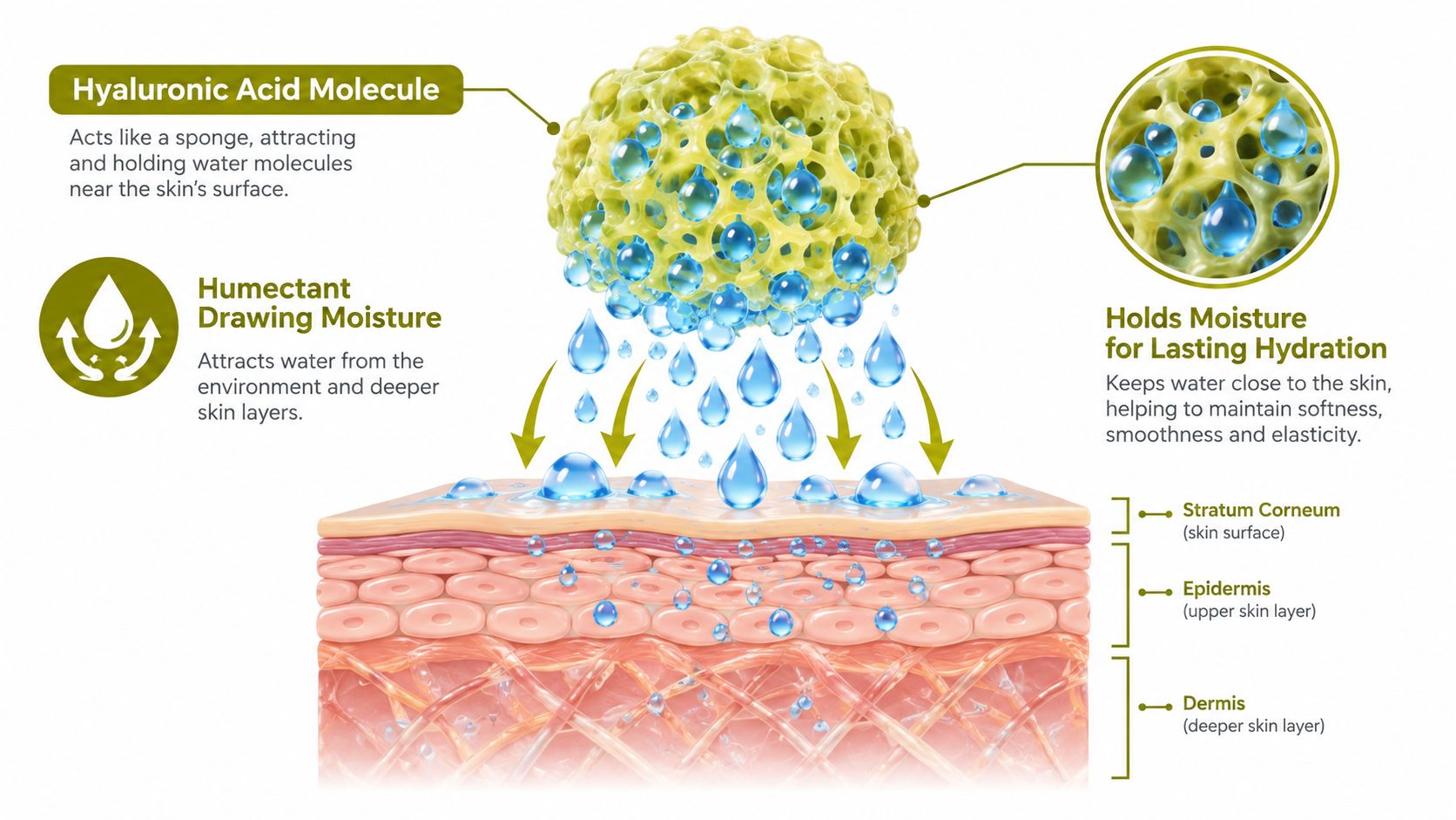 A diagram illustrating a hyaluronic acid molecule acting as a sponge to hydrate and moisturize skin layers.