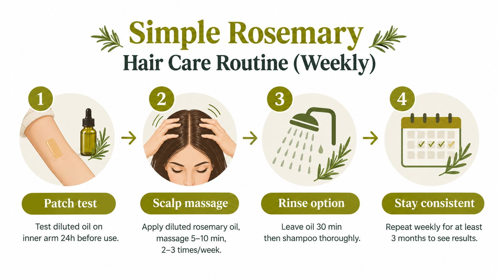 A four-step infographic illustrating a simple weekly rosemary hair care routine with easy to follow instructions.