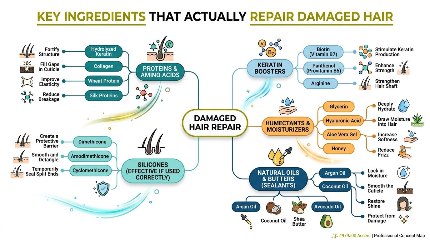 A comprehensive infographic illustrating key ingredients that repair damaged hair, categorized by their specific functions and benefits.
