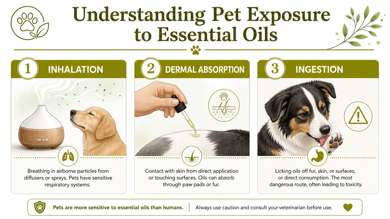 An infographic showing three ways pets are exposed to essential oils: inhalation, dermal absorption, and ingestion.