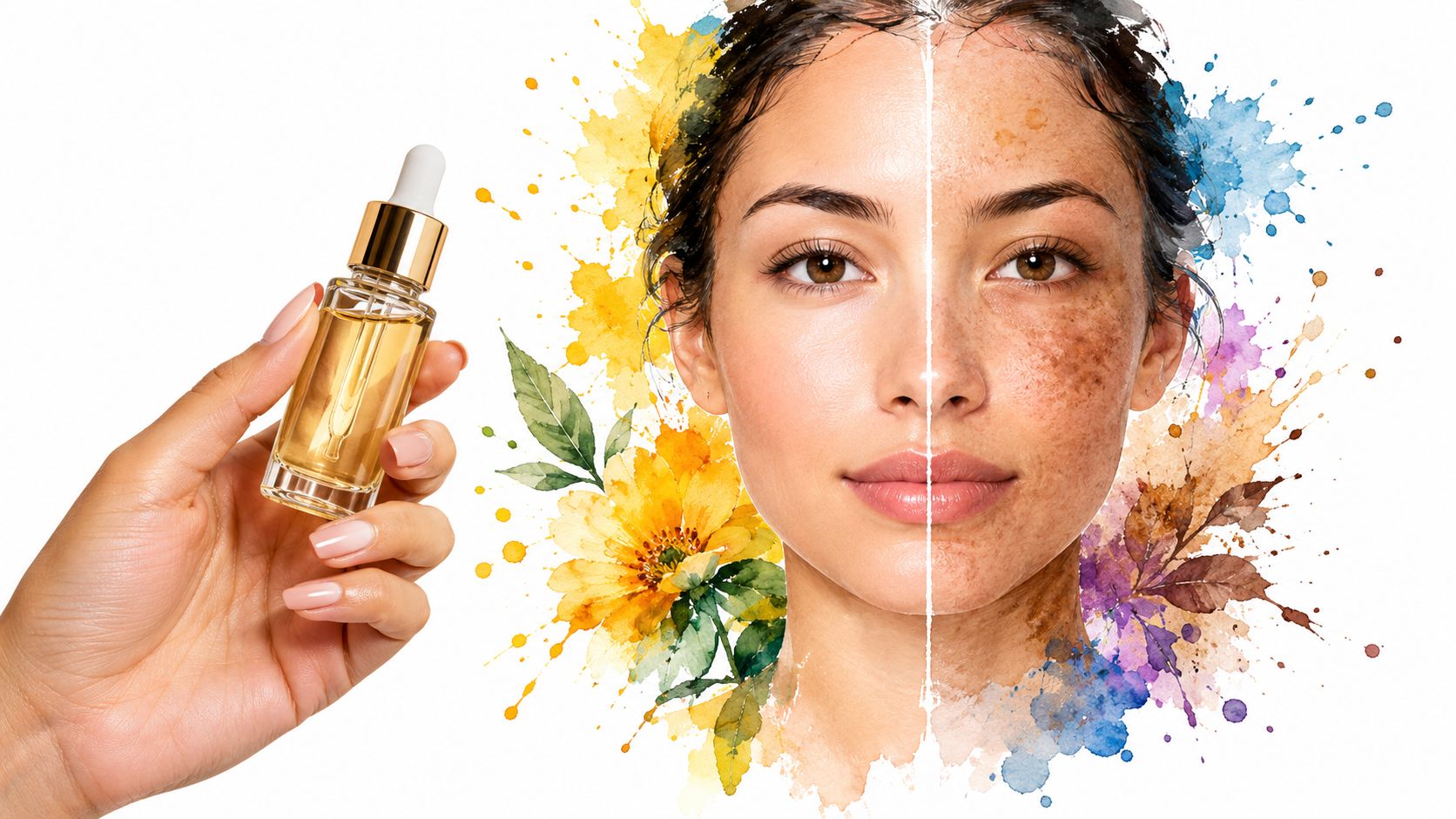 A hand holding a vitamin C serum bottle beside a woman's face showing skin brightening effects.