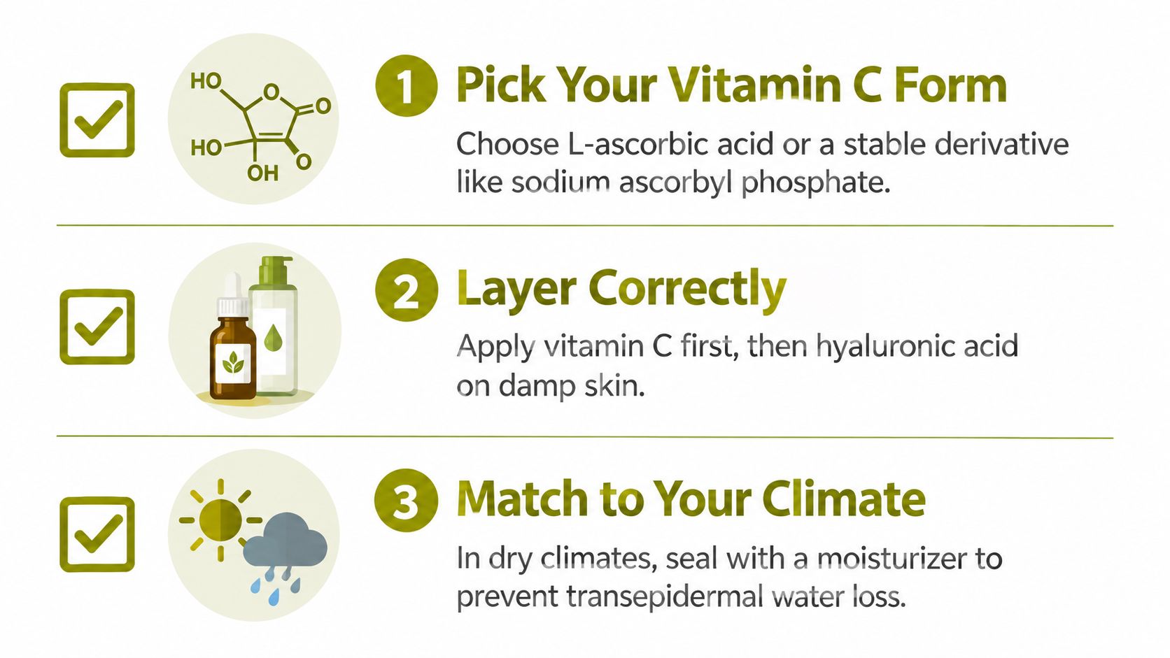 A three-step instructional infographic showing how to use vitamin C and hyaluronic acid serums effectively.