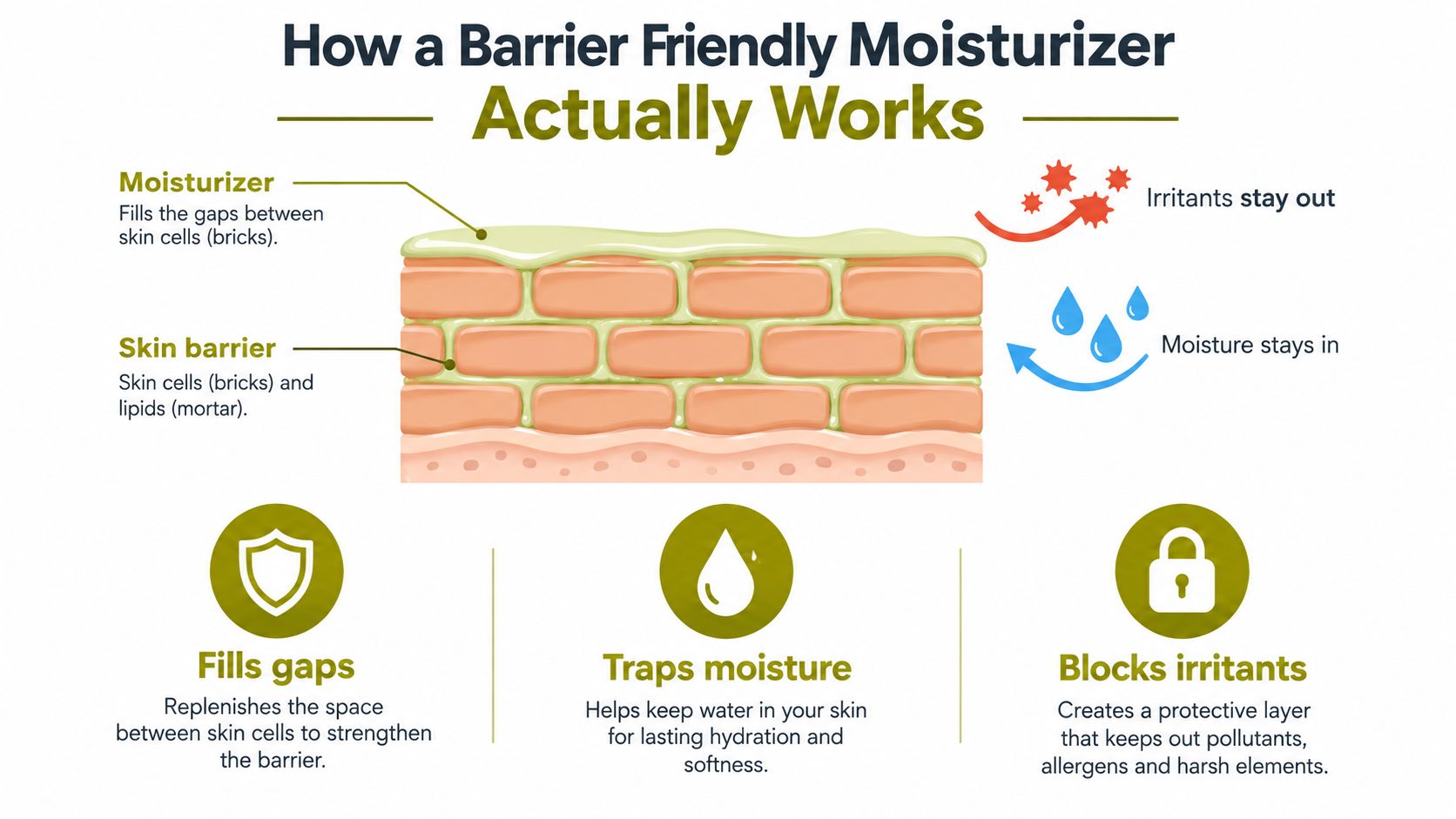 A diagram illustrating how moisturizer repairs the skin barrier by filling gaps, trapping moisture, and blocking irritants.