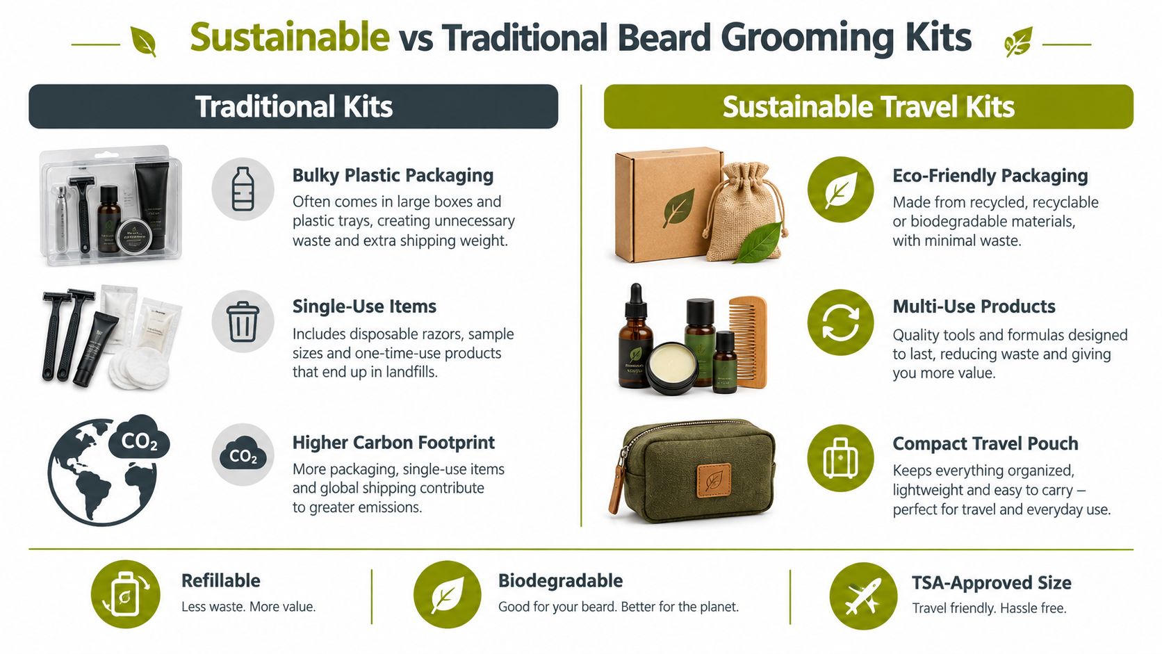 A comparison chart highlighting the environmental benefits of sustainable beard grooming kits over traditional plastic-packaged kits.
