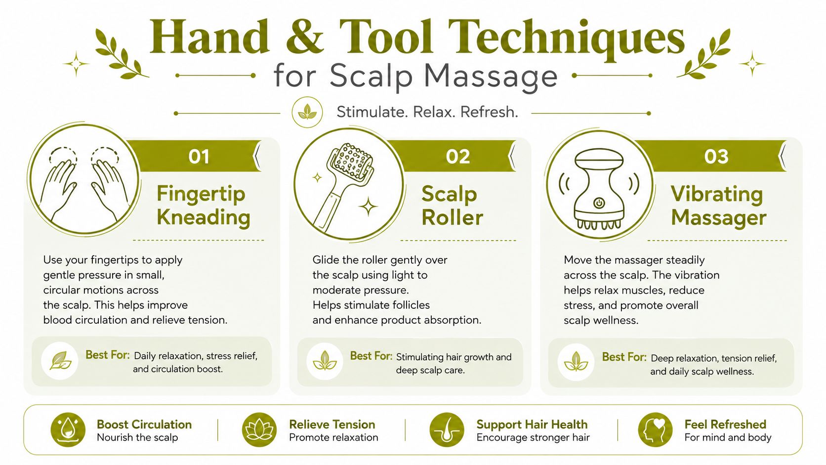 An infographic detailing three effective scalp massage techniques using fingertips, a roller tool, and a vibrating massager.