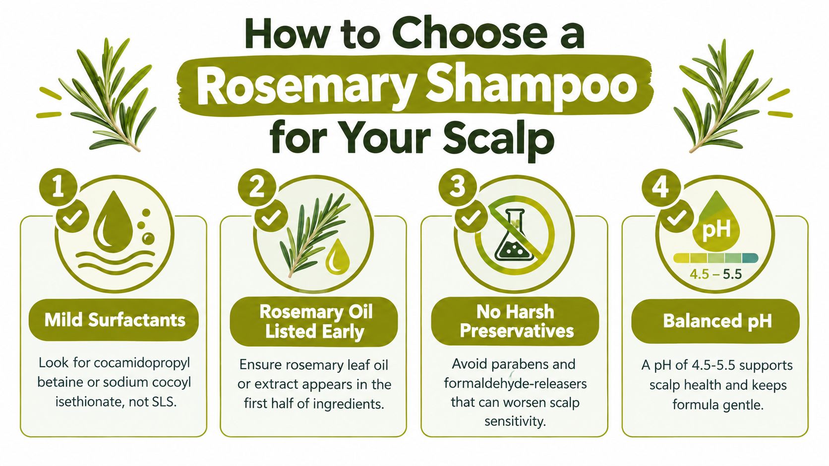 An infographic titled How to Choose a Rosemary Shampoo for Your Scalp with four numbered steps.
