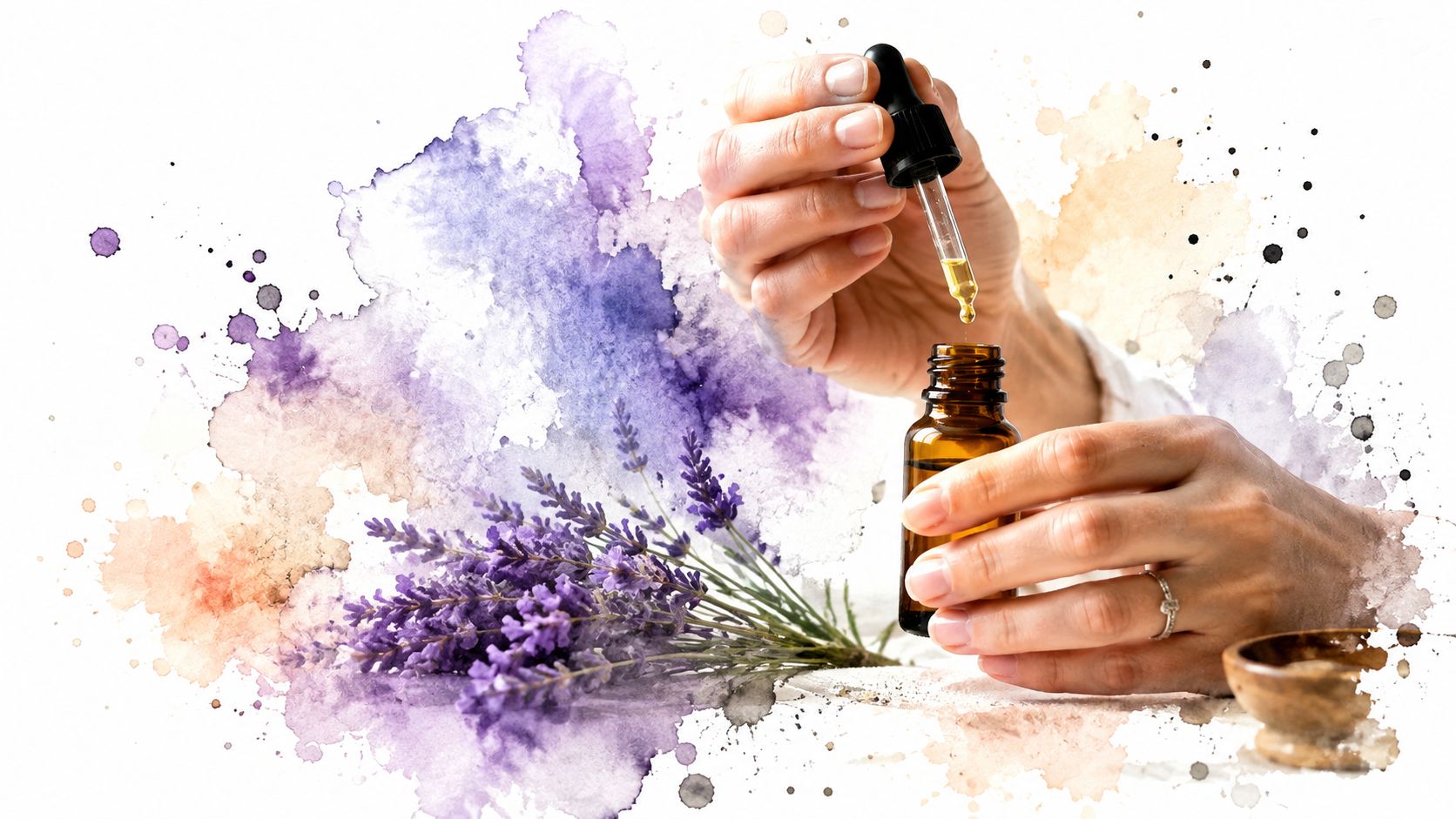 A close-up view of a person applying organic lavender essential oil using a dropper with lavender flowers.