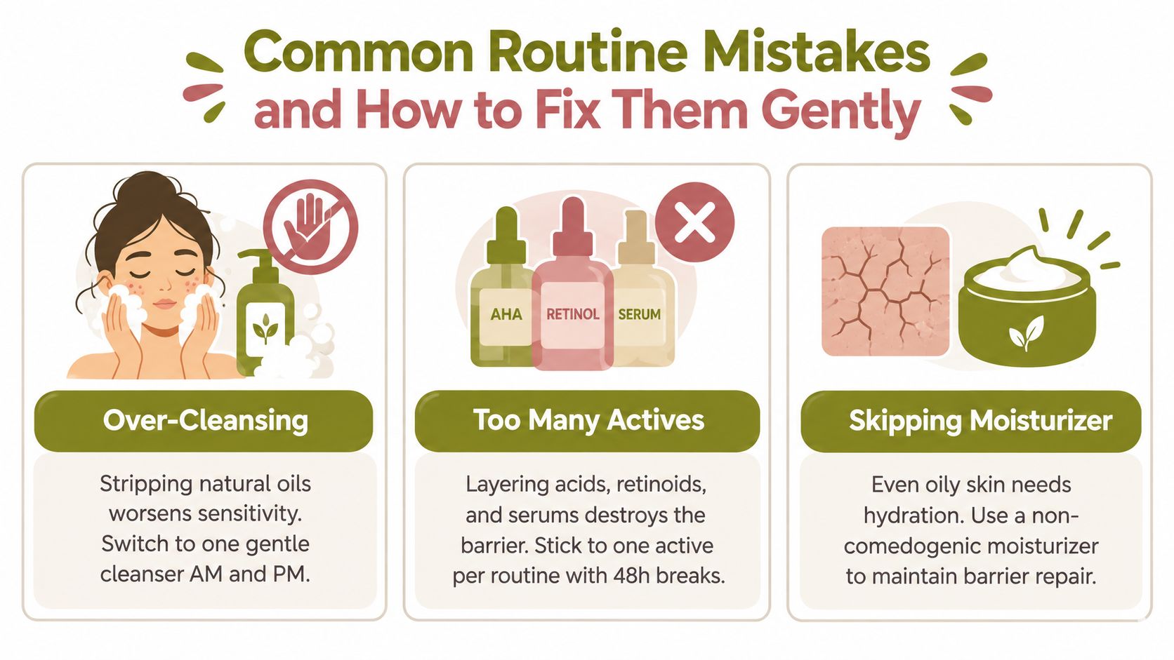 An infographic illustrating common skincare mistakes including over-cleansing, using too many actives, and skipping moisturizer.
