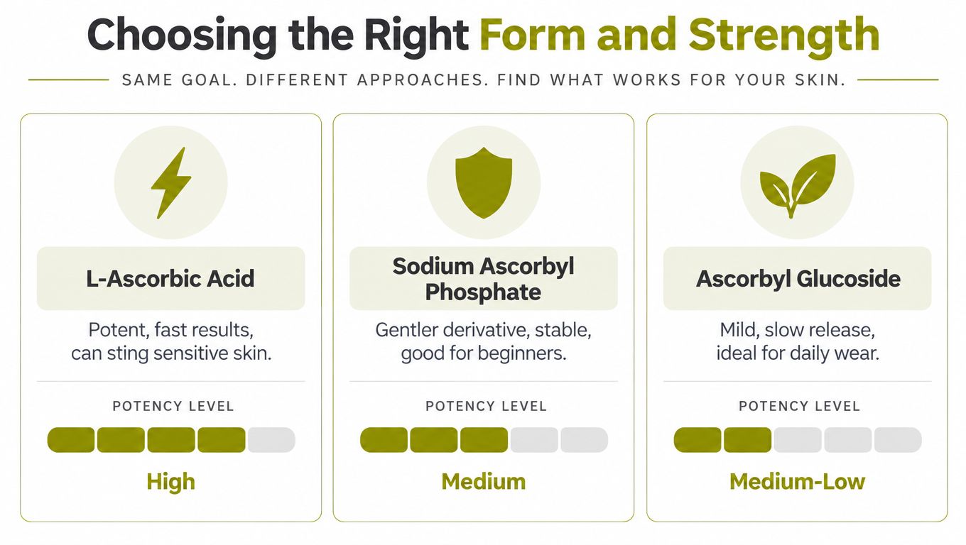 A comparison chart showing three types of Vitamin C: L-Ascorbic Acid, Sodium Ascorbyl Phosphate, and Ascorbyl Glucoside.