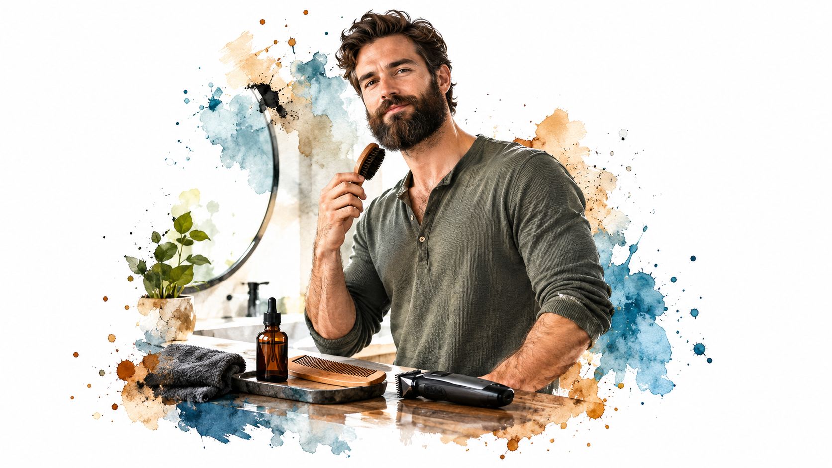 A man with a well-groomed beard holding a brush in a bathroom with beard care products.