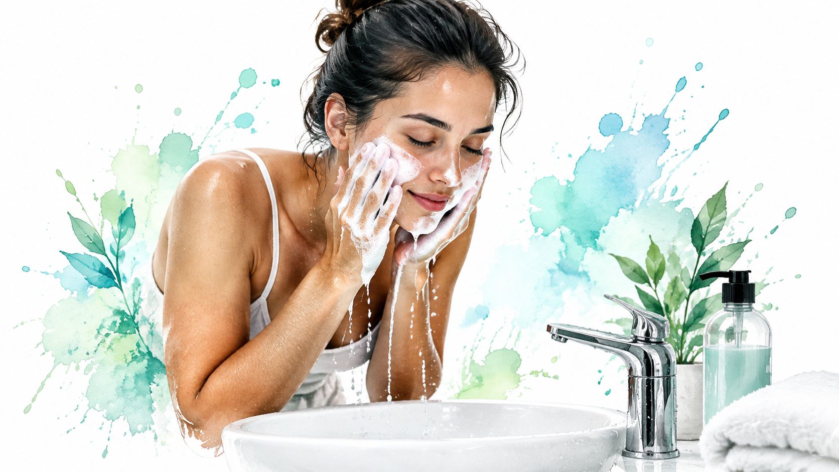 A young woman washing her face with cleansing foam in front of a bathroom sink with greenery.