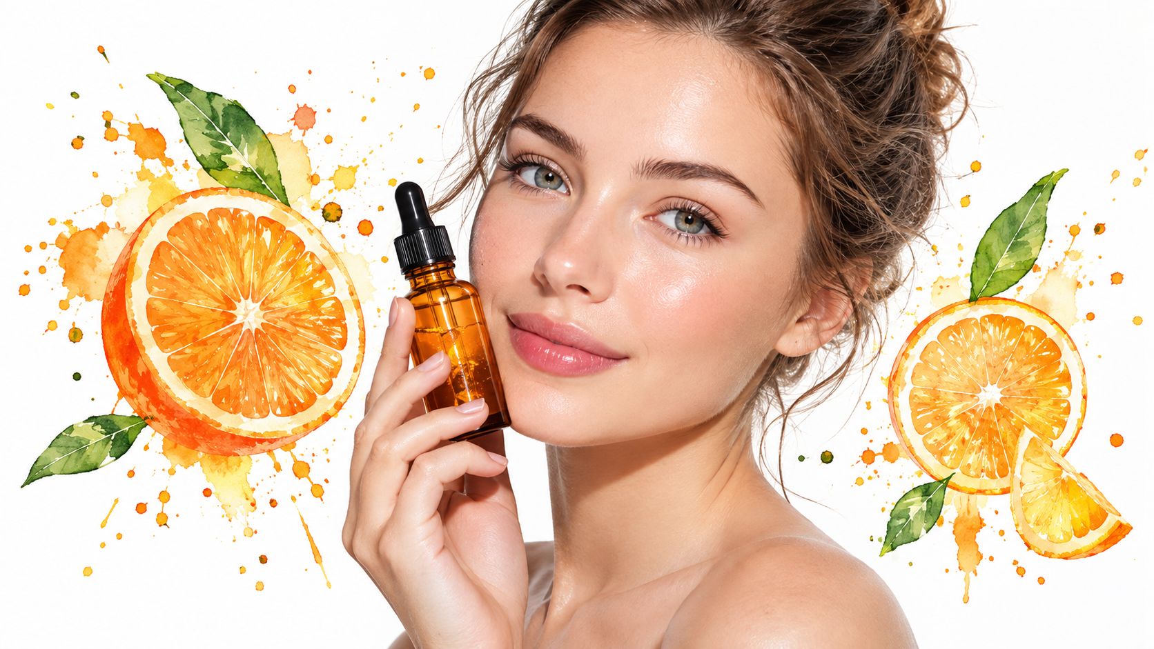 A beautiful woman holding a dropper bottle of vitamin C serum next to fresh orange slices.