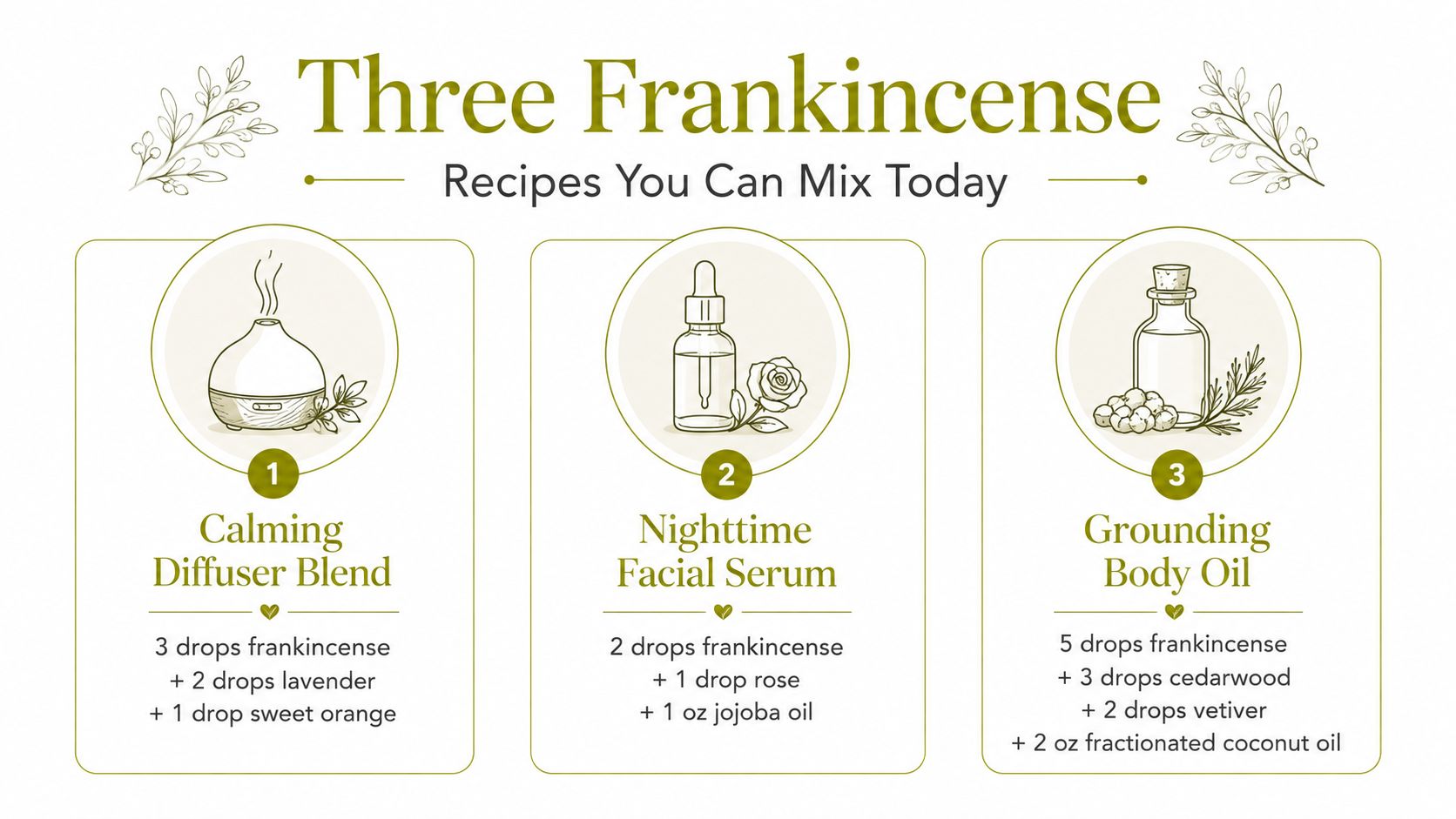 A graphic showing three simple DIY essential oil blend recipes featuring frankincense for relaxation and skin care.