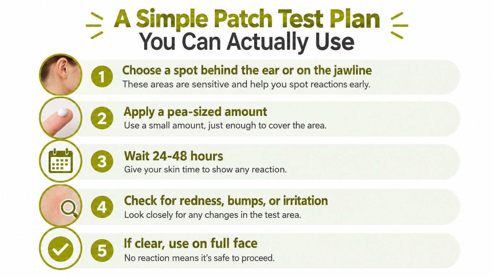 An infographic showing a five-step guide for performing a skincare patch test on the face.