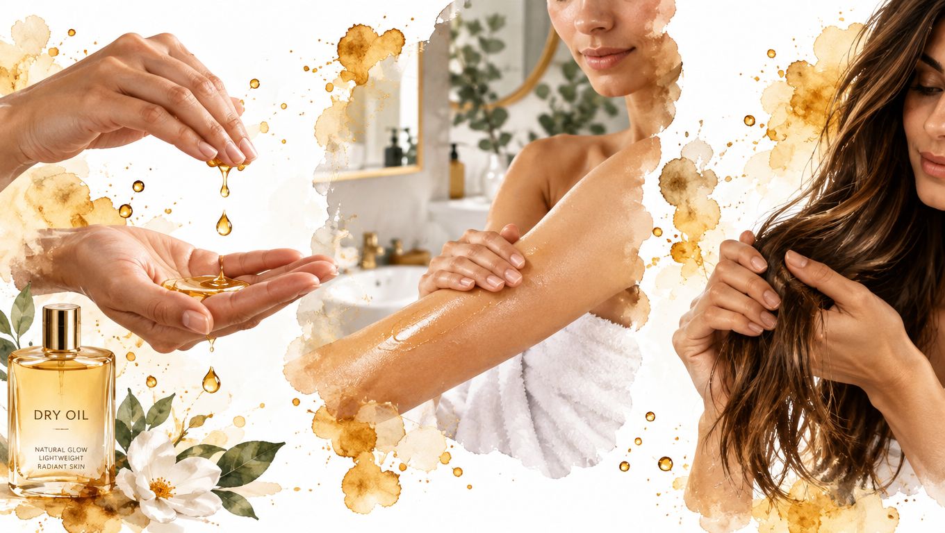 A product advertisement for weightless healing dry oil showing application on skin and hair with floral accents.