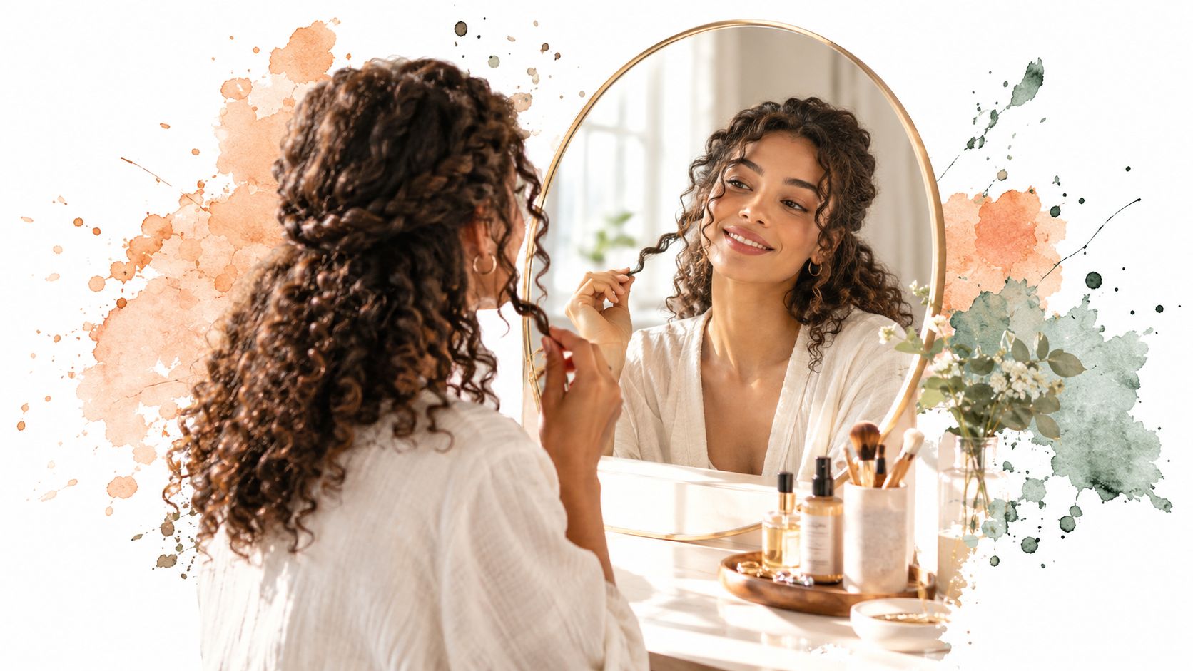 A woman with curly hair styles her hair in front of a round gold mirror on a vanity.