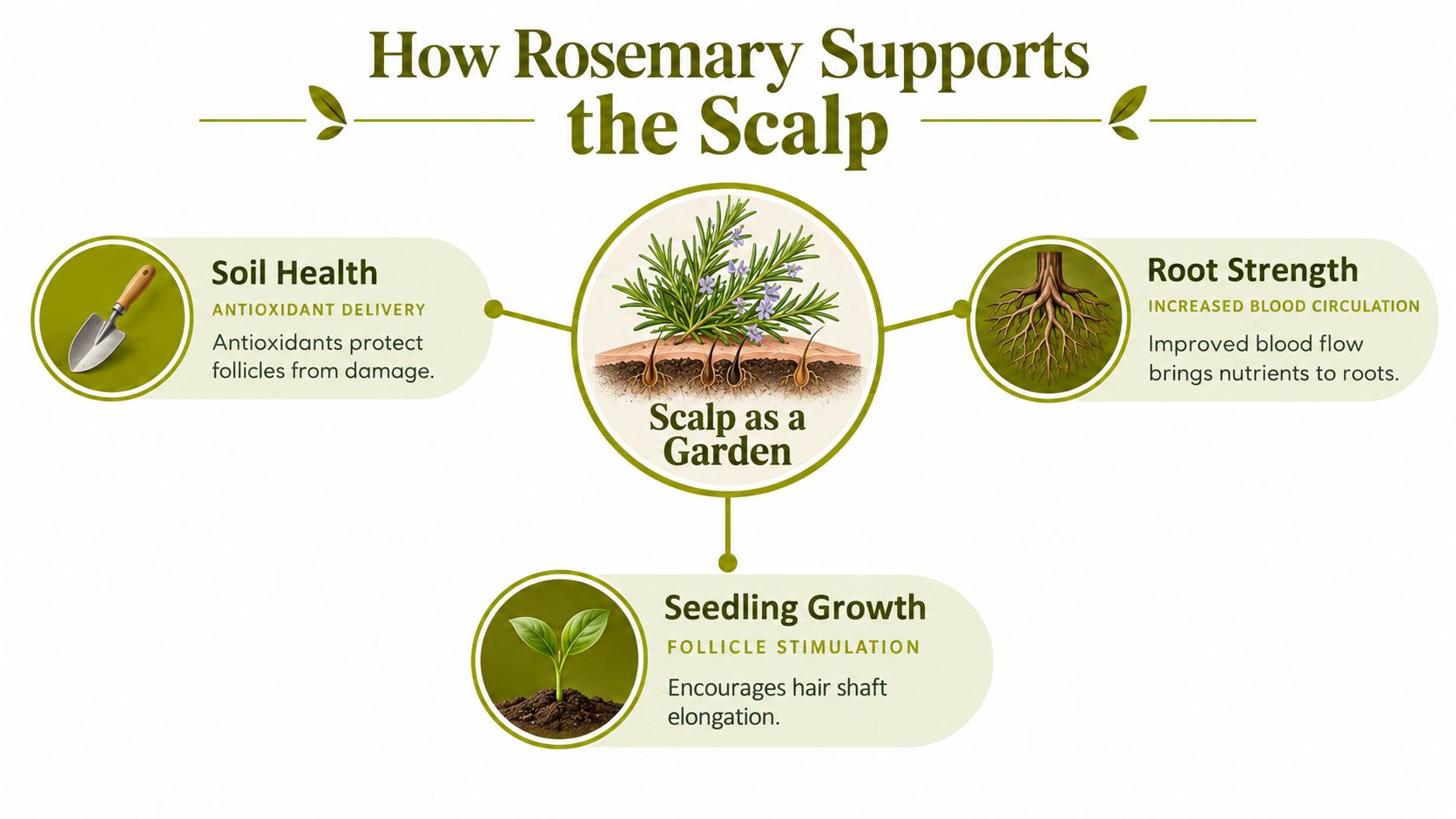 An infographic showing how rosemary supports scalp health through antioxidant delivery, improved blood circulation, and hair follicle stimulation.
