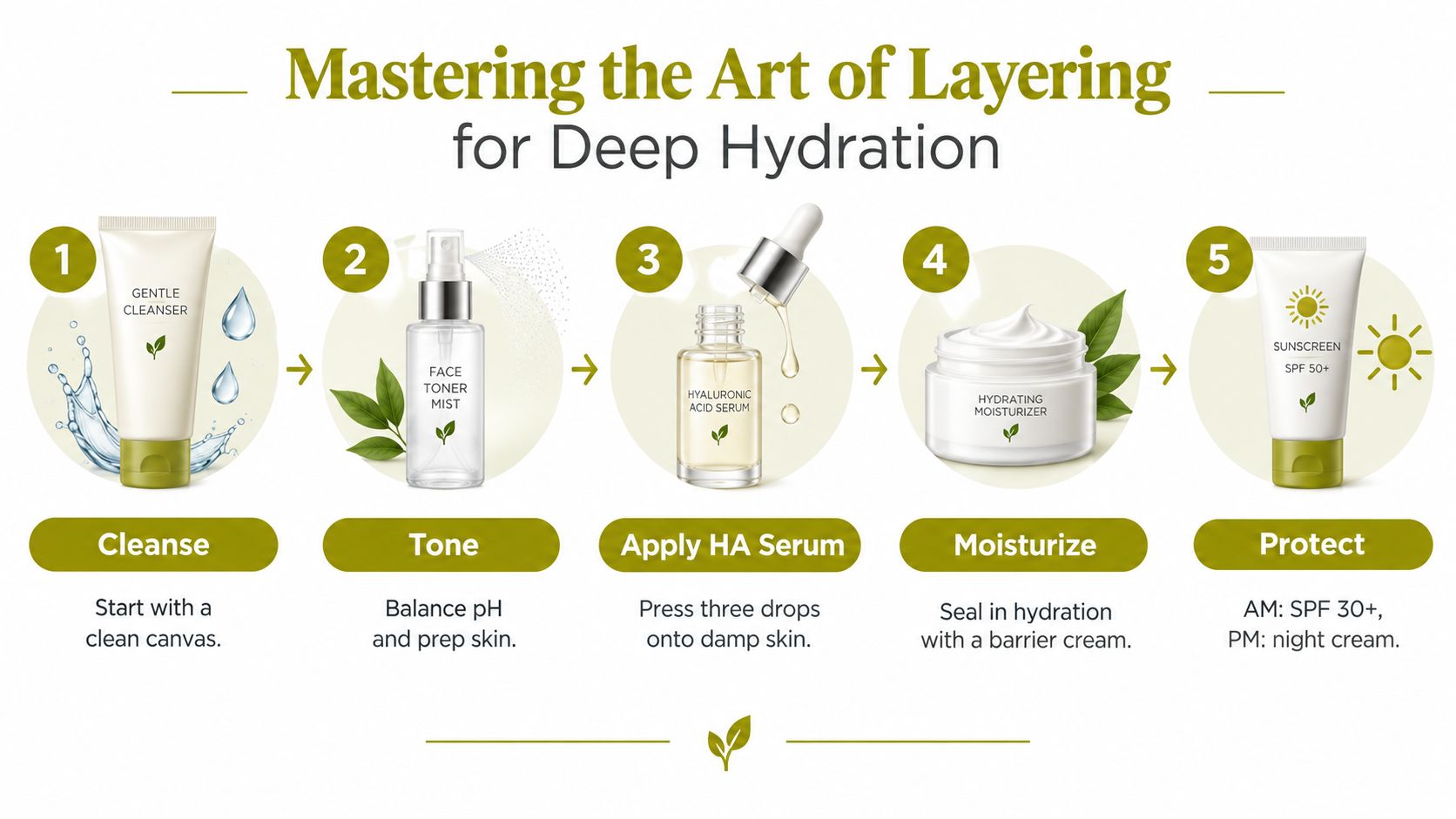 A five-step skincare infographic showing the order of applying gentle cleanser, toner, hyaluronic acid serum, moisturizer, and sunscreen.