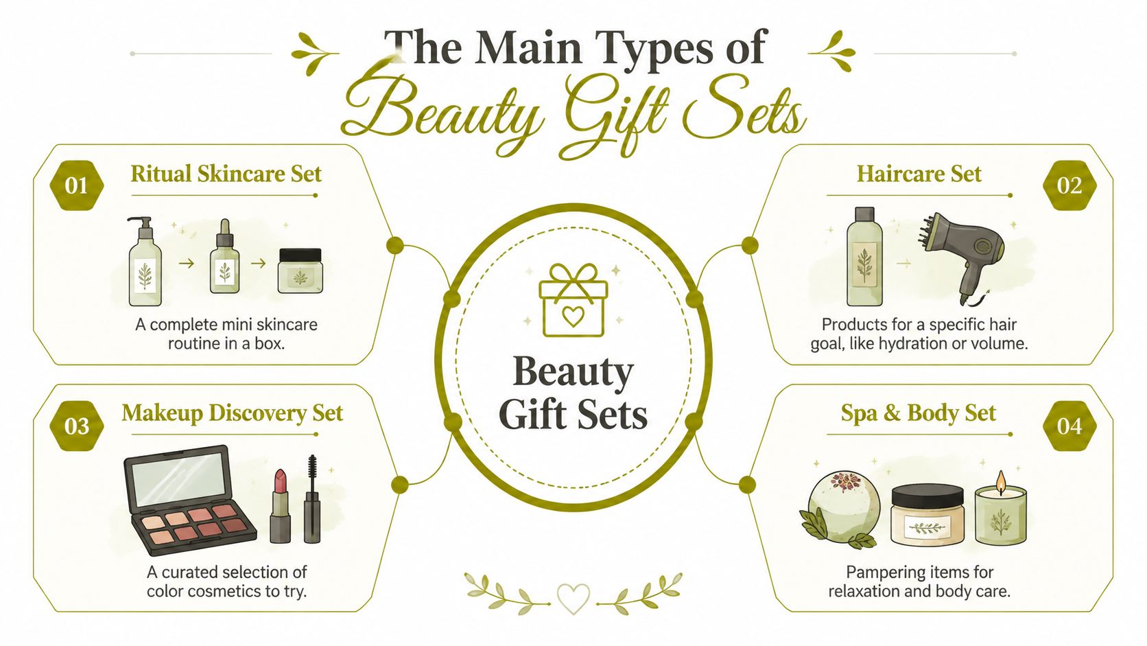 An educational infographic showing four different categories of beauty gift sets including skincare, haircare, makeup, and spa products.