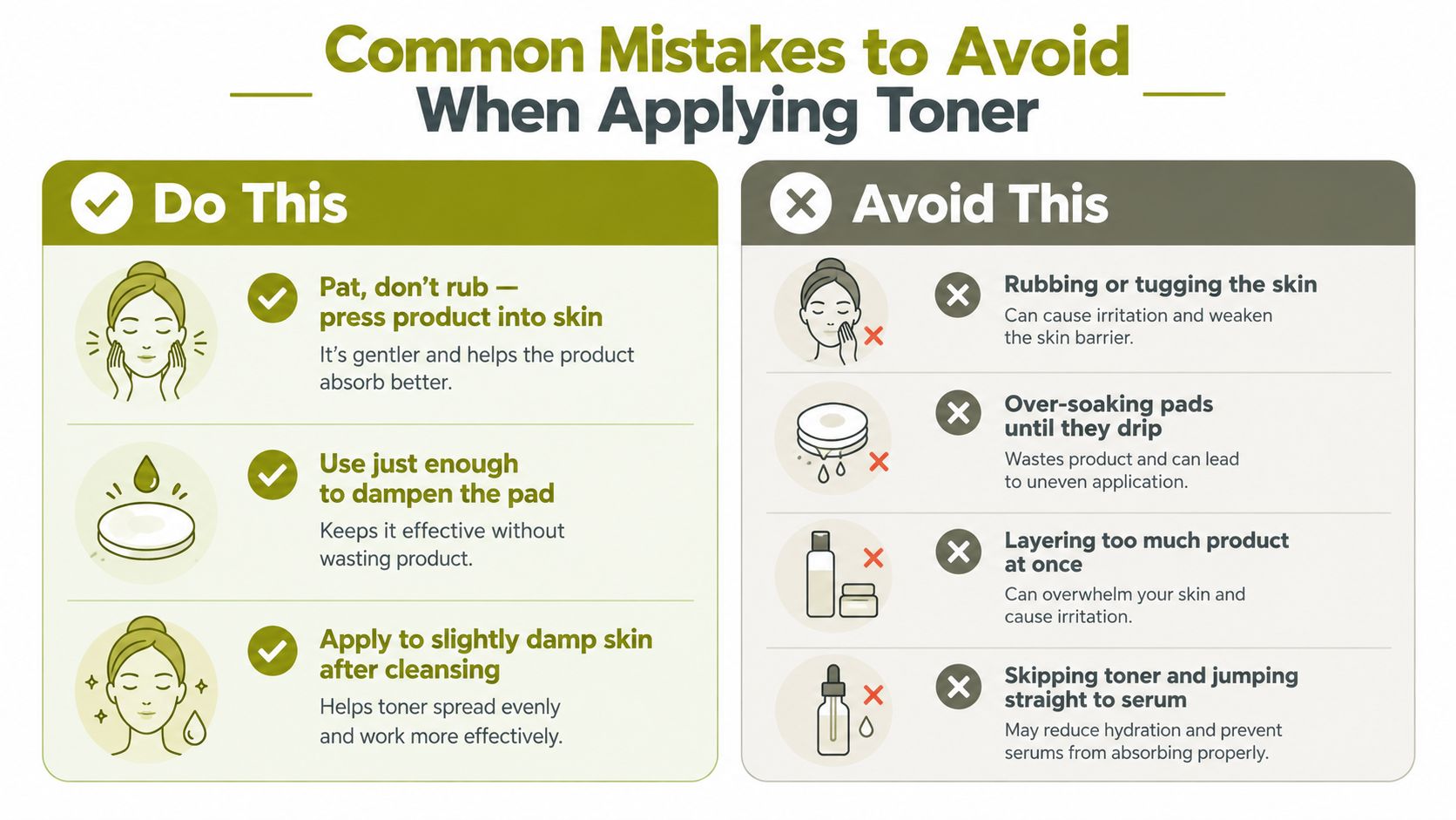 An infographic showing best practices and common mistakes to avoid when applying toner to your face.