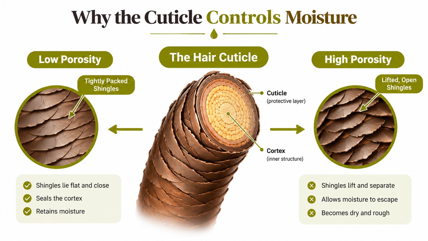 A diagram explaining hair porosity showing how the cuticle layer controls moisture retention in the hair shaft.