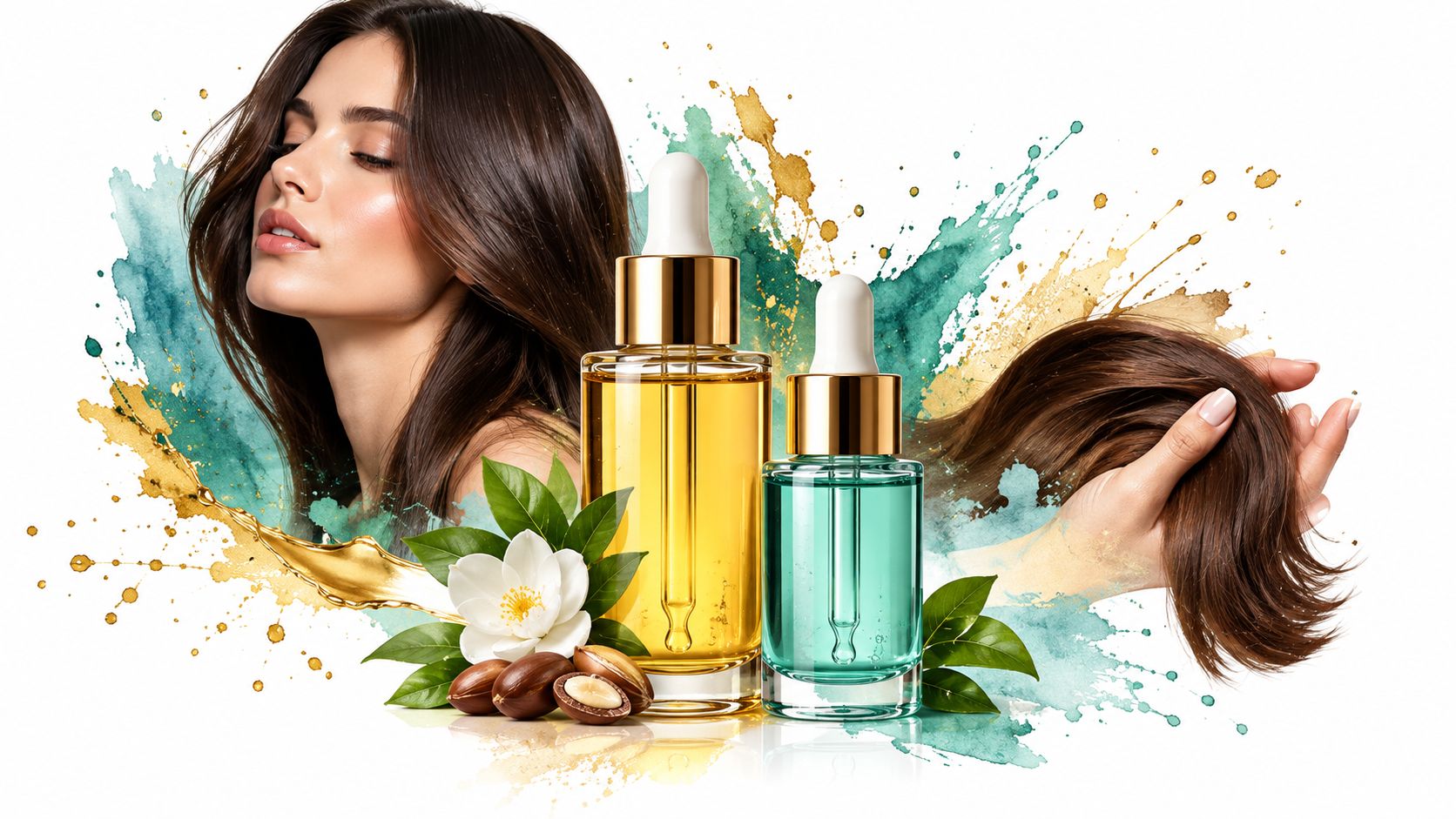 A woman posing with hair oil bottles, a white flower, and argan nuts on a watercolor background.