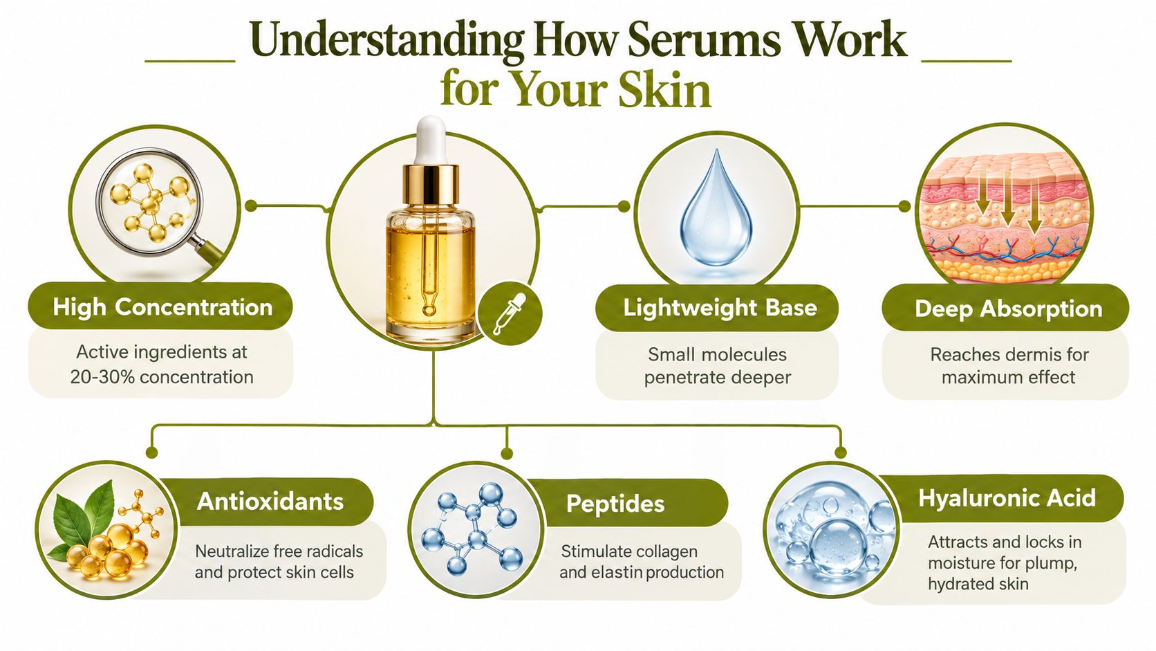 An infographic explaining how skincare serums work through high concentration, lightweight molecules, and key active ingredients.