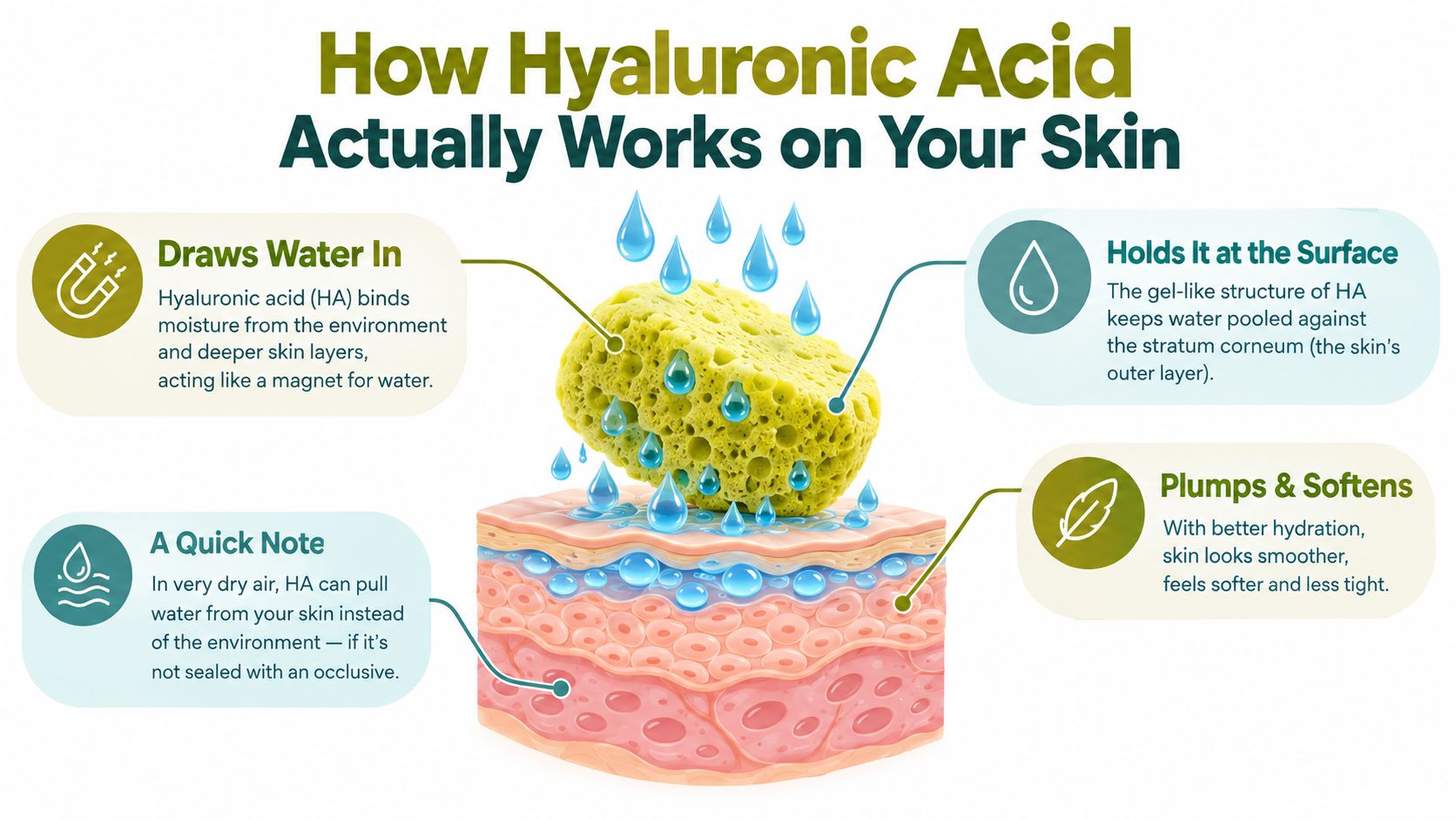 An infographic illustrating how hyaluronic acid hydrates the skin by drawing in and holding moisture at the surface.