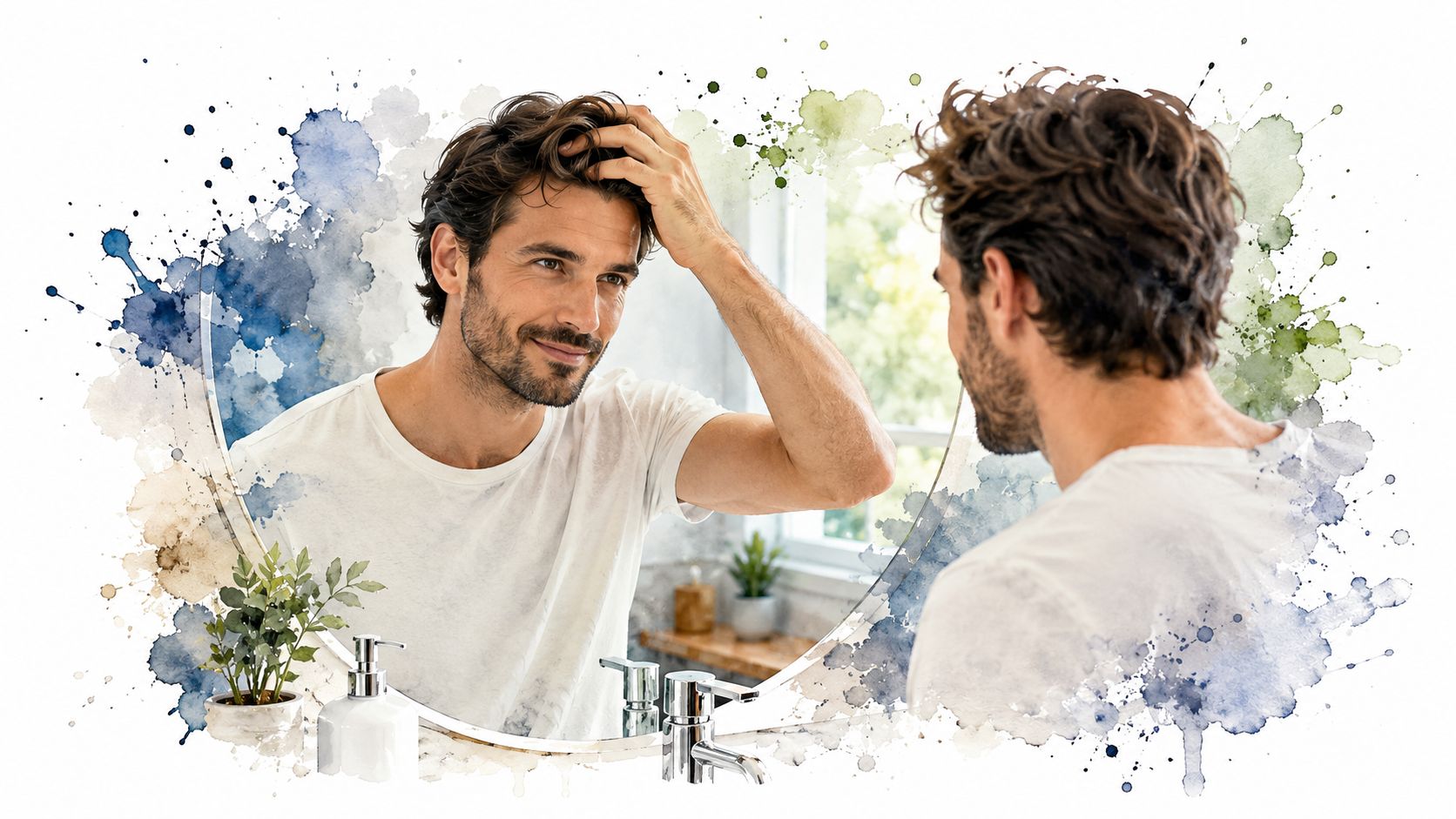 A handsome man styling his hair in a bathroom mirror with a watercolor-style background effect.