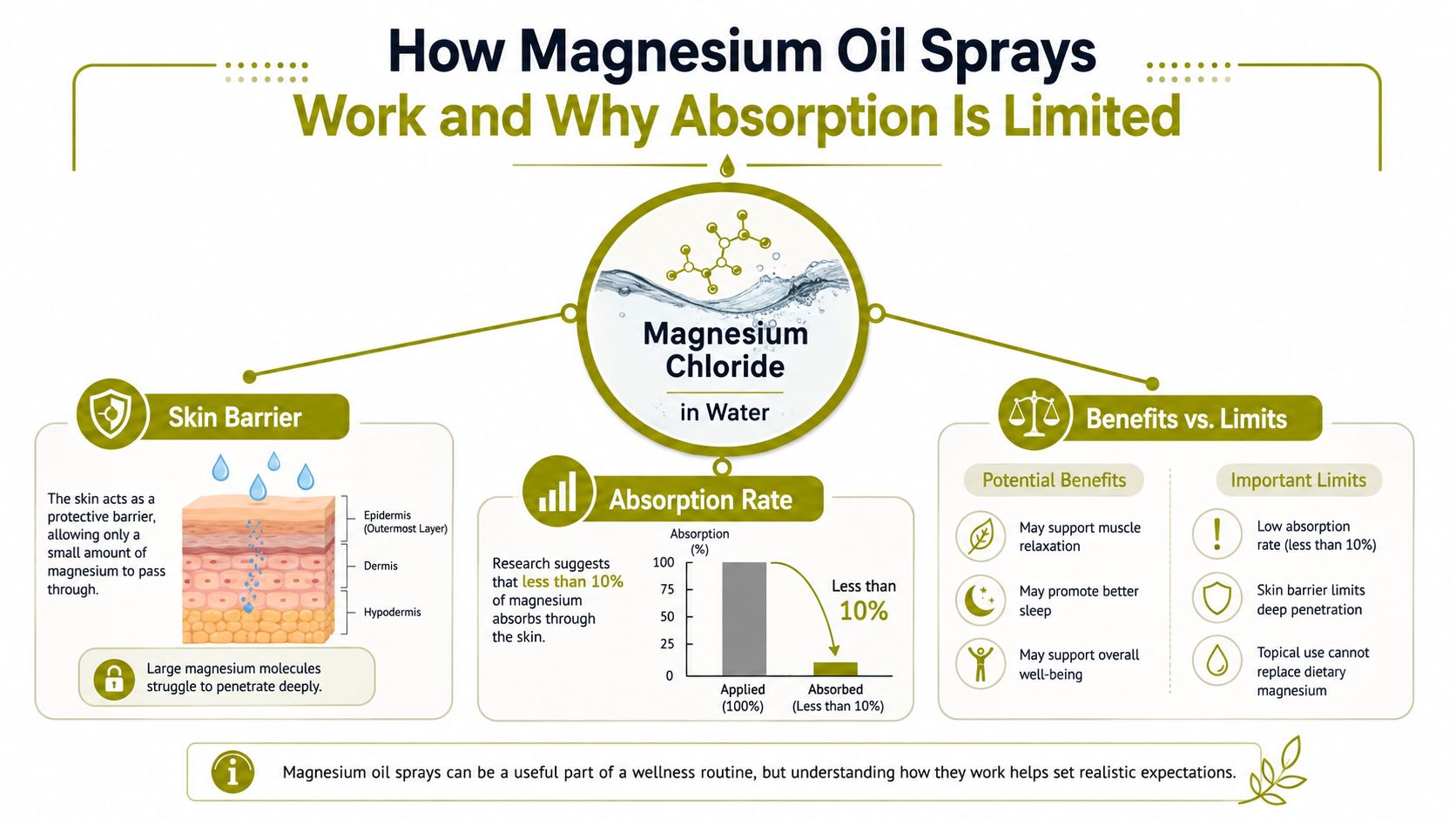 An infographic explaining how magnesium oil sprays work and the limitations of their skin absorption rates.