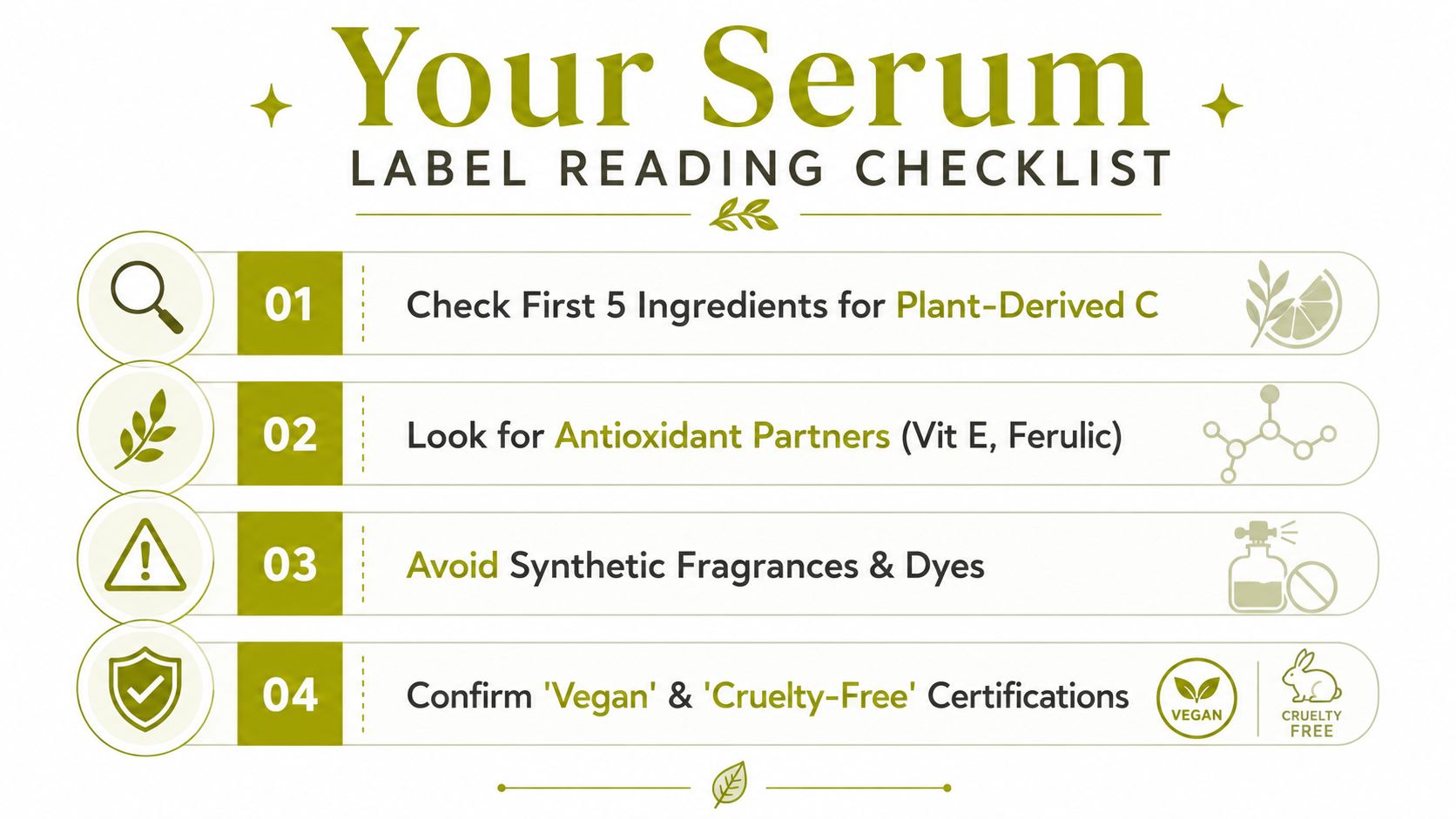 A checklist for reading skincare labels to identify high quality plant-based vitamin C serum products.