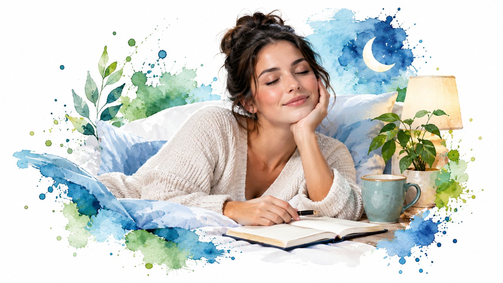 A serene woman writing in a journal while relaxing in bed with watercolor artistic accents