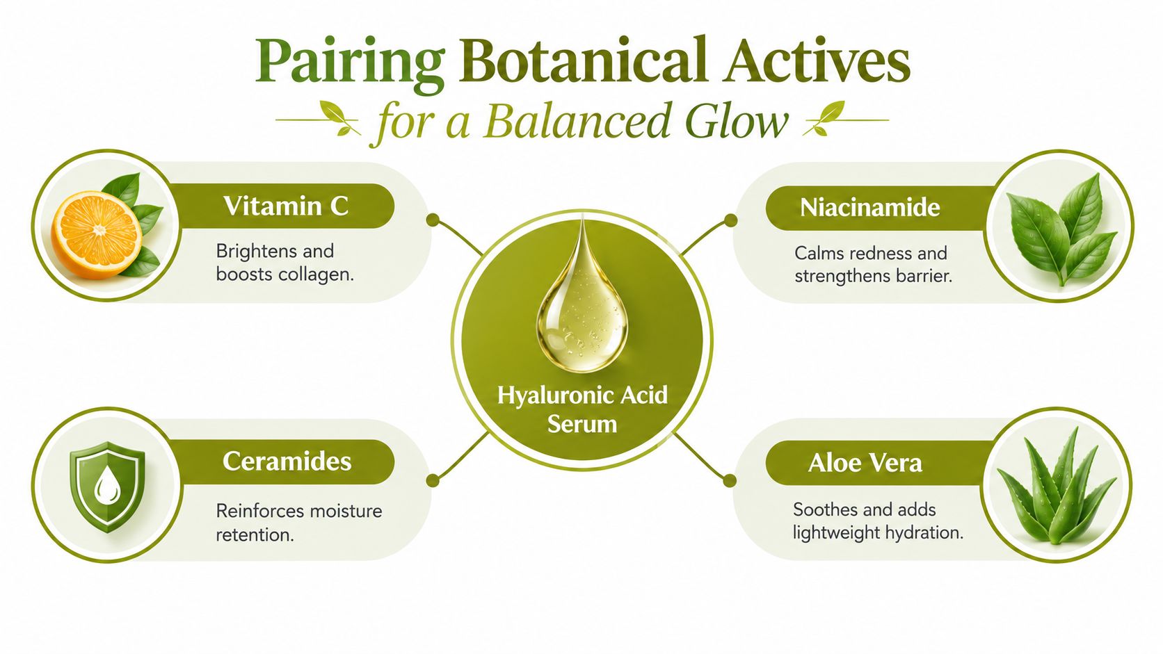 An infographic showing Hyaluronic Acid Serum paired with Vitamin C, Niacinamide, Ceramides, and Aloe Vera for skincare.
