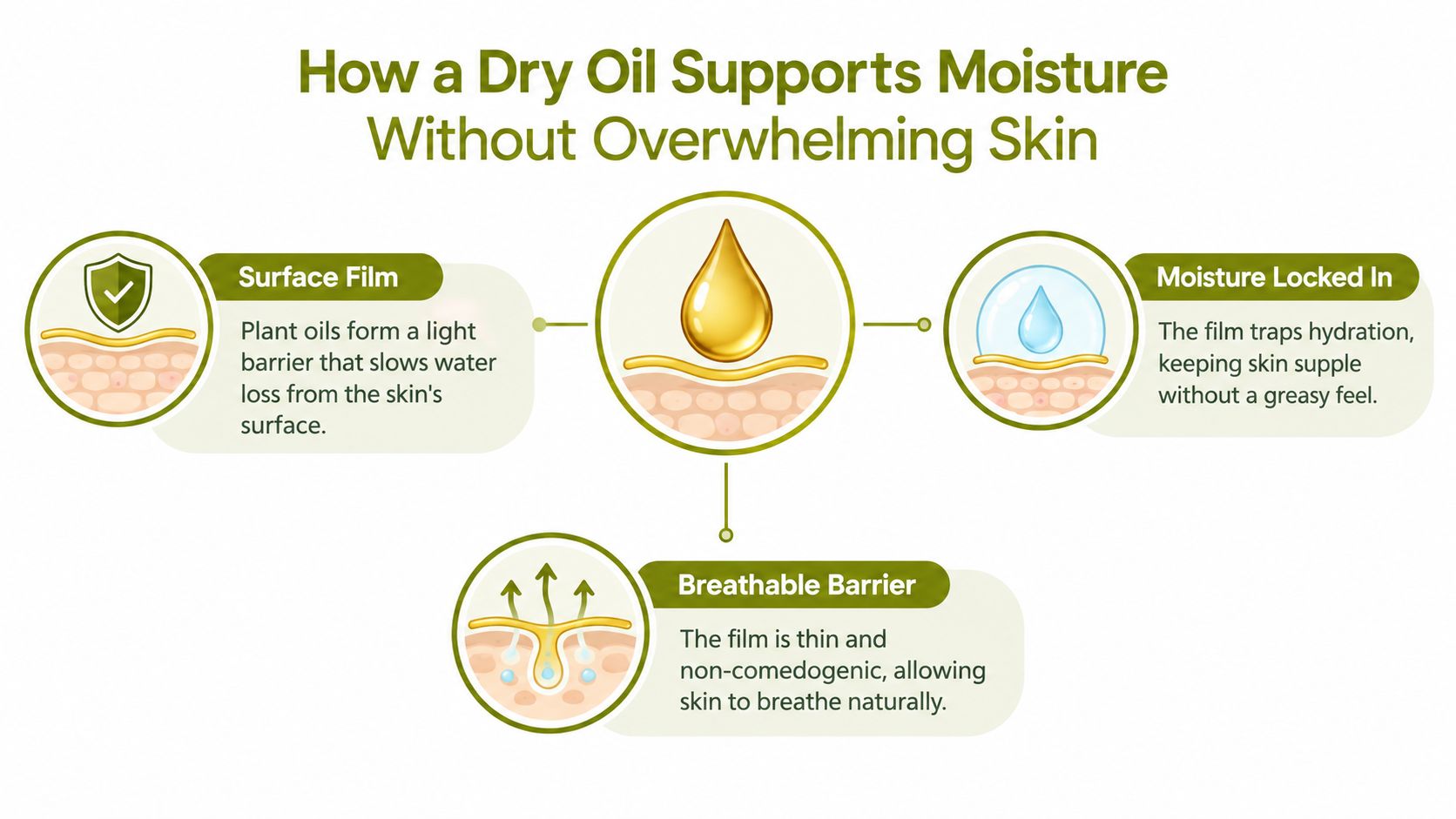 An infographic showing how dry oil creates a breathable protective film to lock in skin moisture.