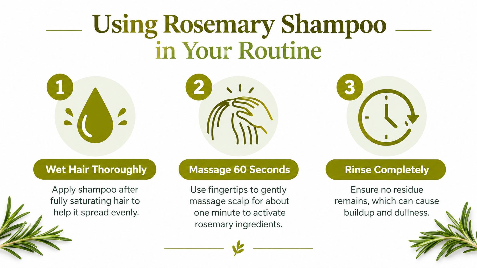 A three-step instructional infographic on how to use rosemary shampoo for best hair care results.