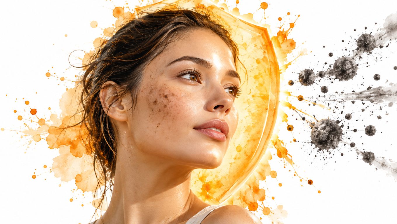 A woman with glowing skin protected by a serum shield against dark spots and pollution particles.