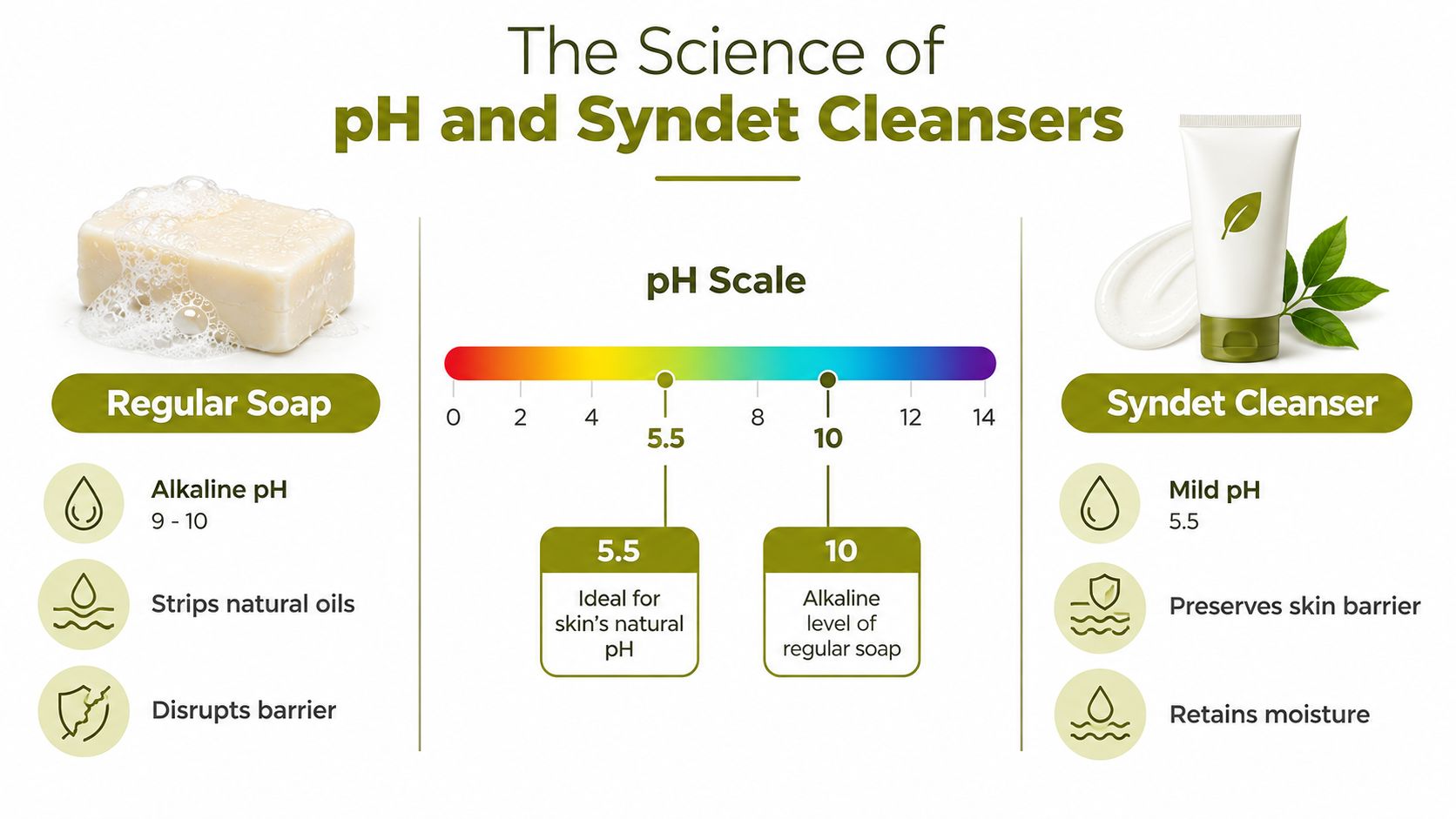 An infographic comparing the pH levels of regular alkaline soap versus gentle syndet cleansers for skin health.