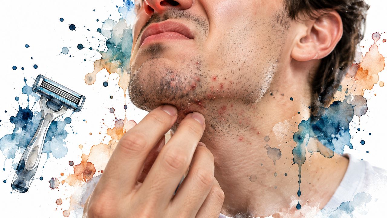 A close-up of a man touching his irritated skin and ingrown beard hairs near a razor.