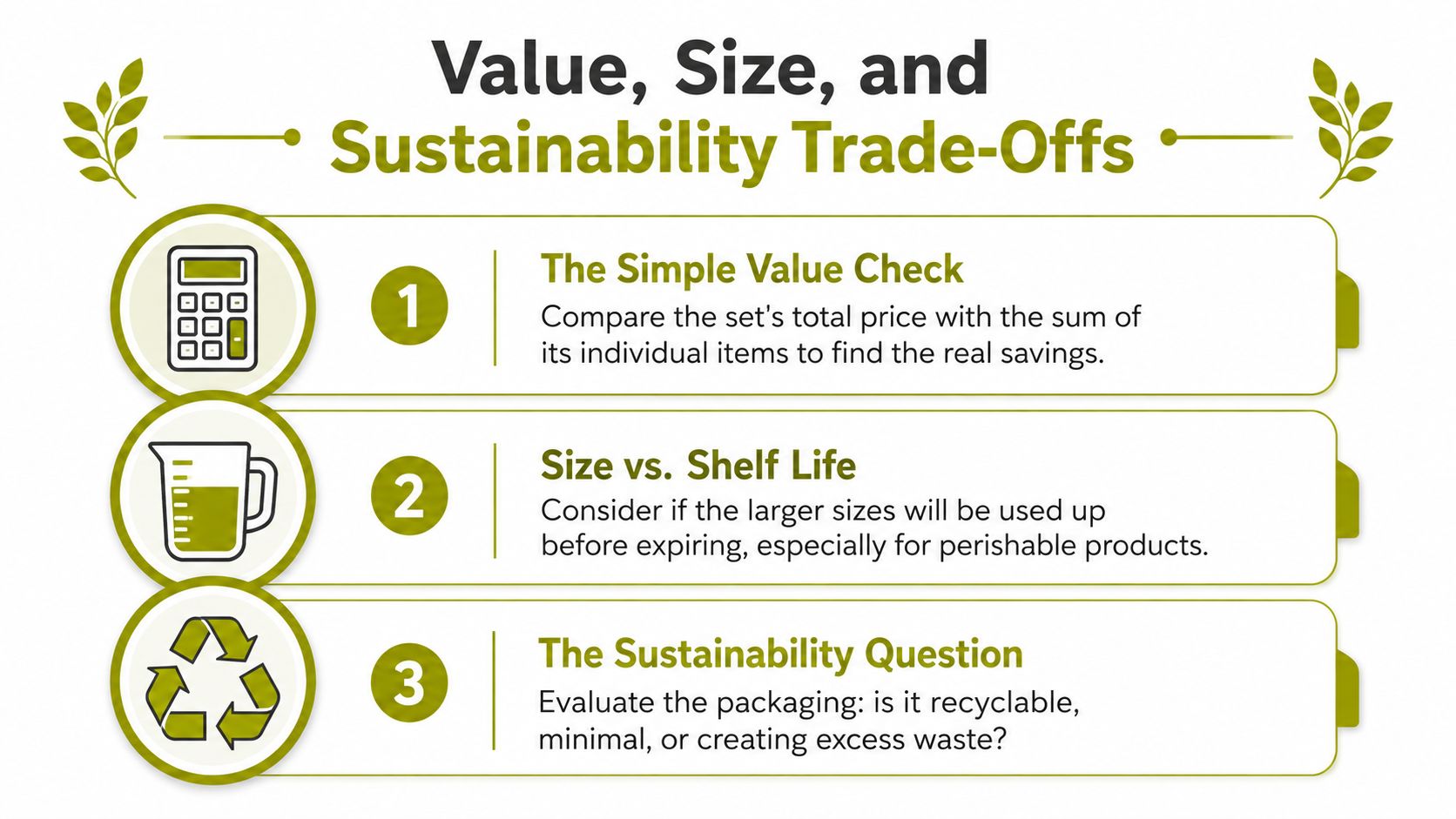 A guide listing three factors to consider for gift sets: value comparison, size, and sustainability.