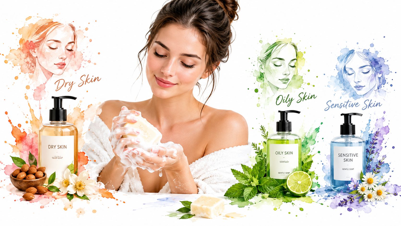 A woman in a white robe washing her hands with soap next to three bottles of gentle body wash.