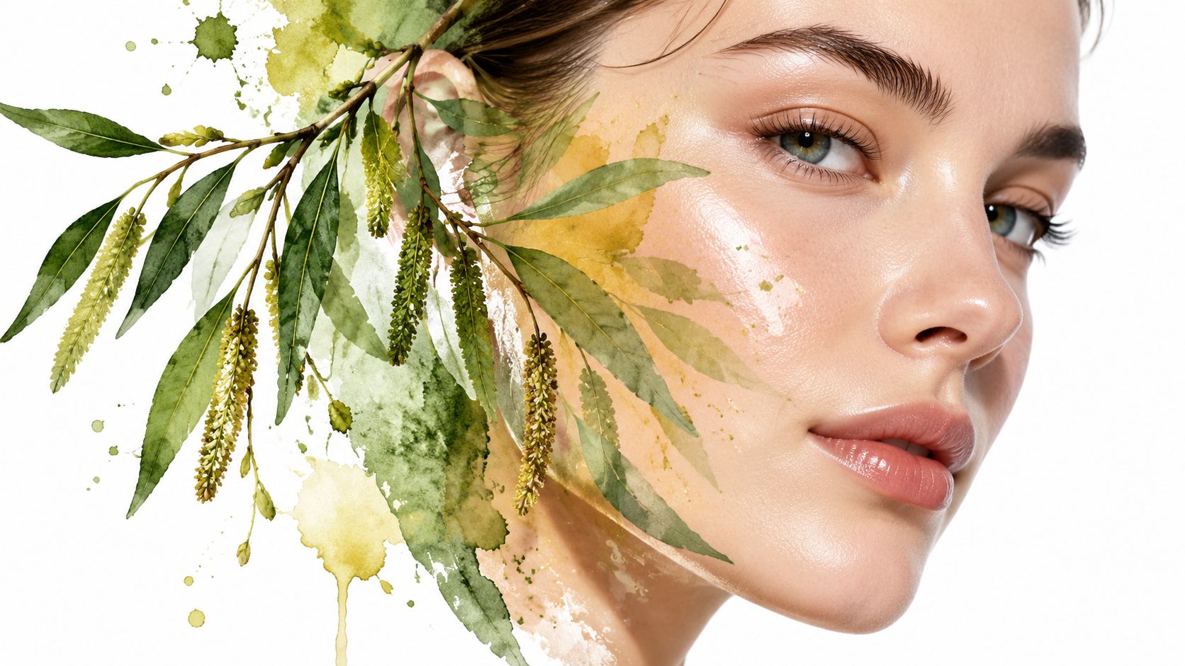 A close-up of a woman's glowing skin blended with artistic watercolor willow leaves and botanical elements.
