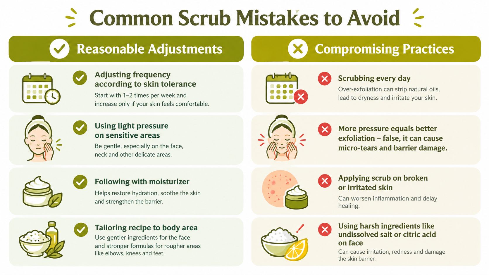 An infographic showing reasonable skin scrubbing adjustments versus common compromising practices to avoid for healthy skin care.