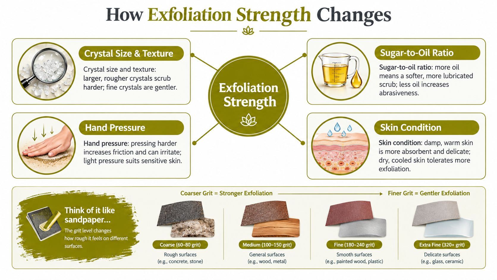 An educational infographic explaining how crystal size, oil ratio, pressure, and skin condition affect exfoliation strength.