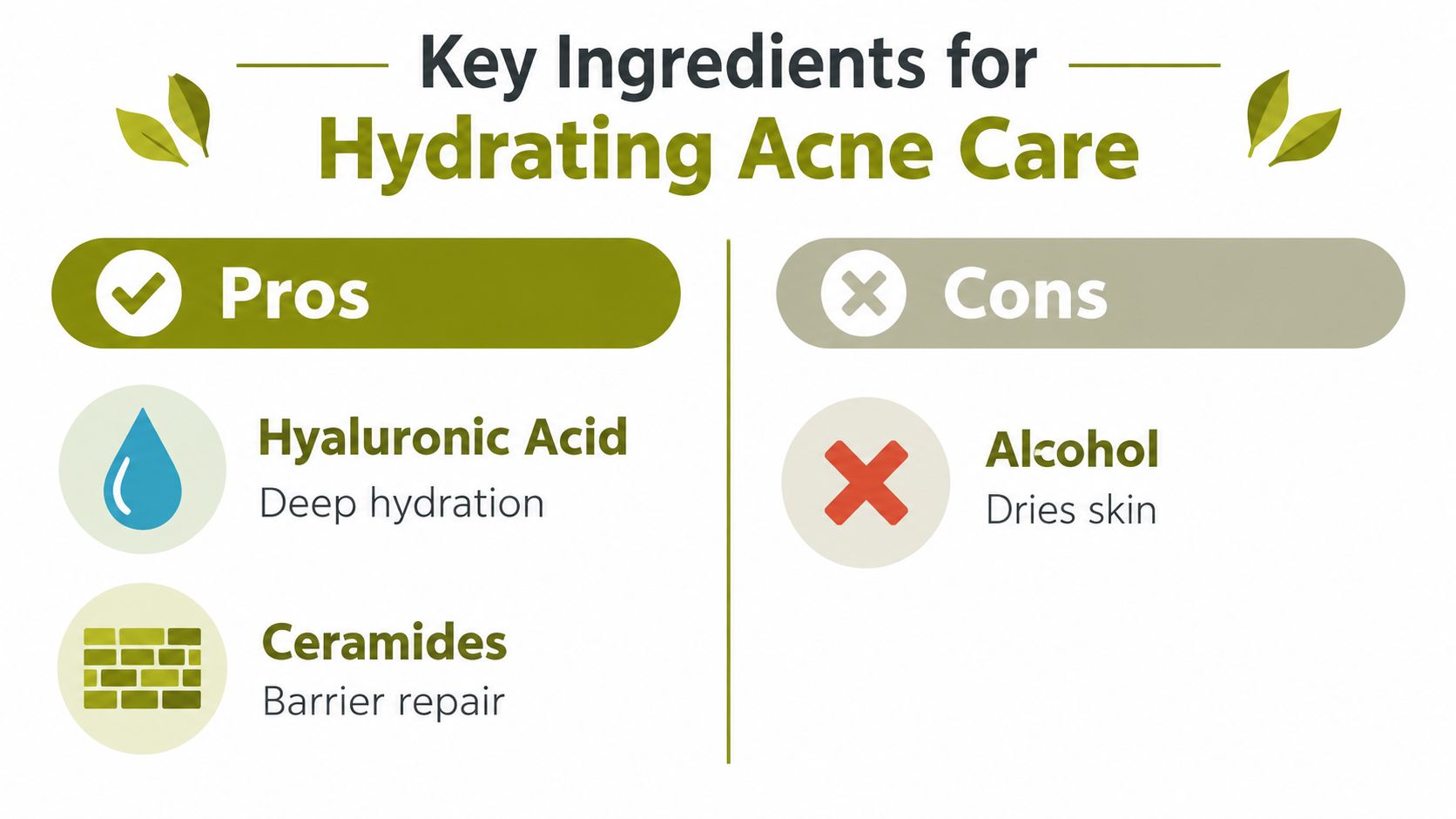 A graphic comparing beneficial and harmful ingredients for hydrating acne-prone skincare, listing hyaluronic acid, ceramides, and alcohol.