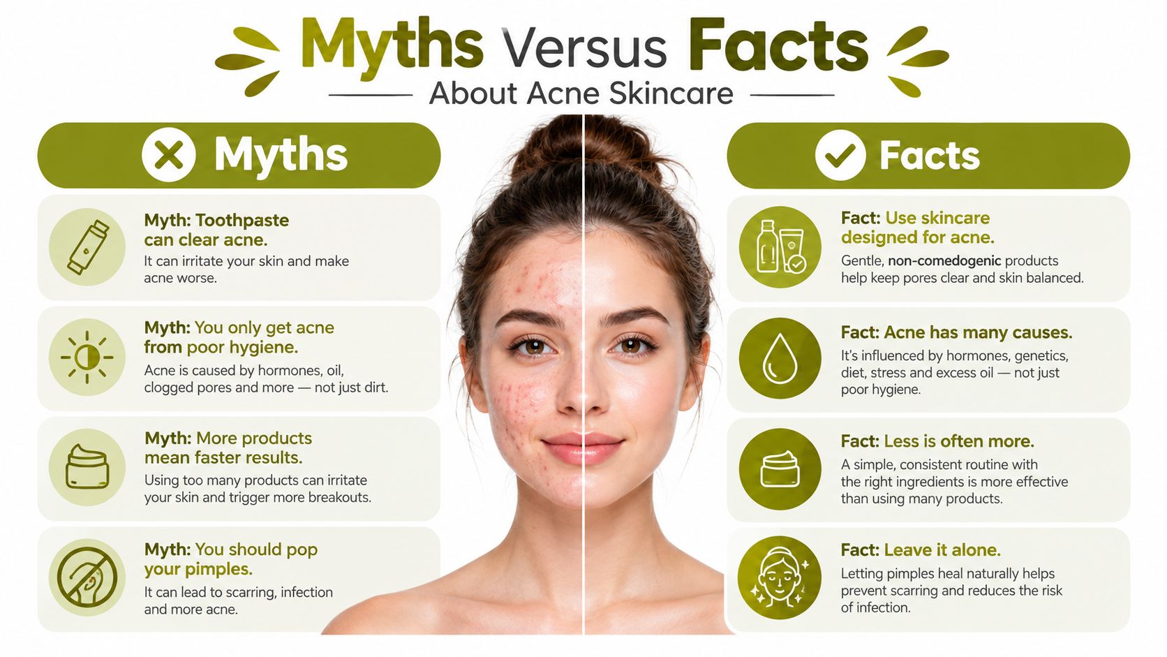 An infographic titled Myths Versus Facts About Acne Skincare contrasting common acne misconceptions with dermatological skincare facts.