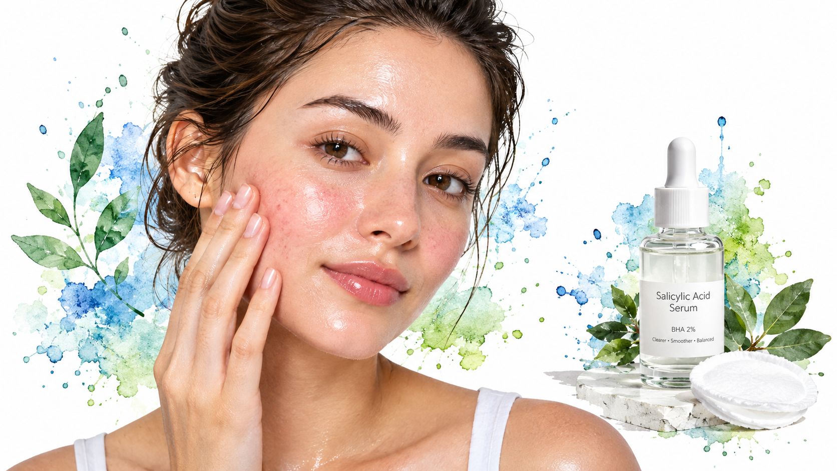 A young woman with glowing skin touches her cheek next to a bottle of salicylic acid serum.