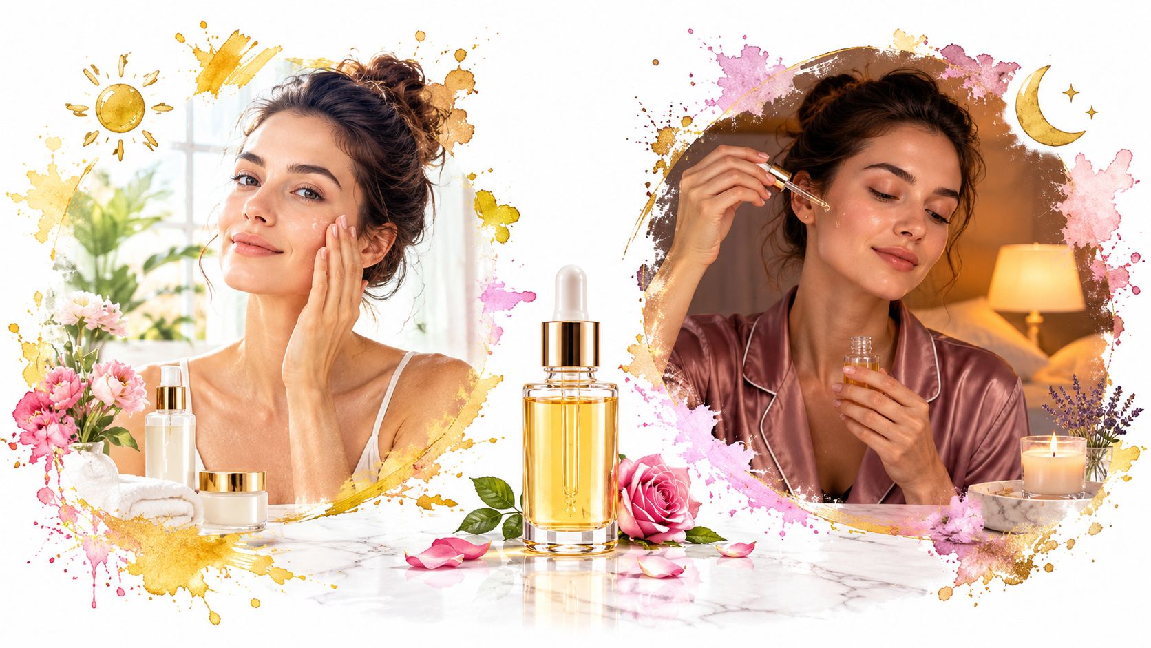 A split composition featuring a woman applying facial serum during the day and night with flower accents.