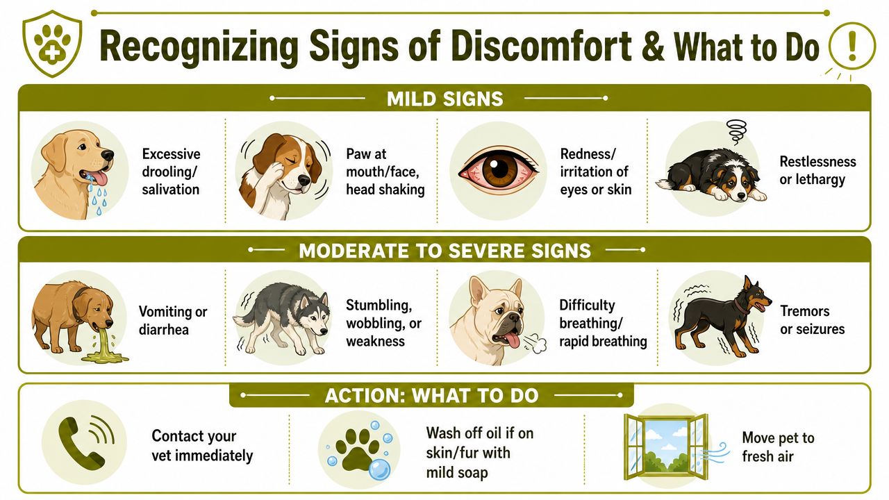 An infographic showing mild and severe signs of pet discomfort, including advice on when to contact a vet.