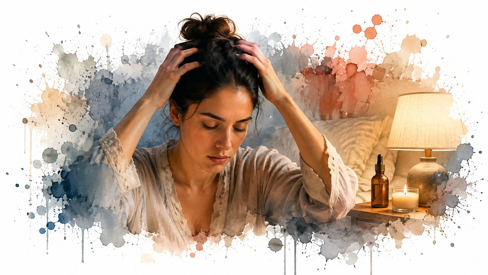 A woman with a thoughtful expression gently massaging her scalp, surrounded by a serene watercolor art background.